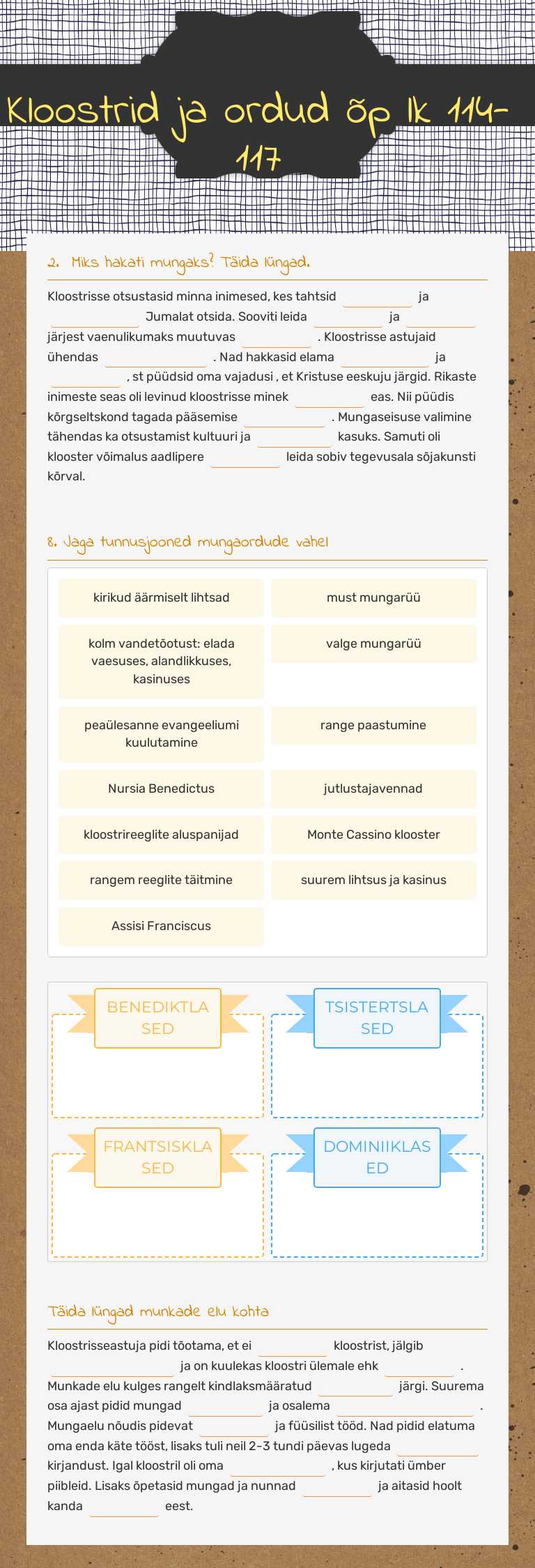 Kloostrid ja ordud õp lk 114-117 Grade 7 worksheet preview