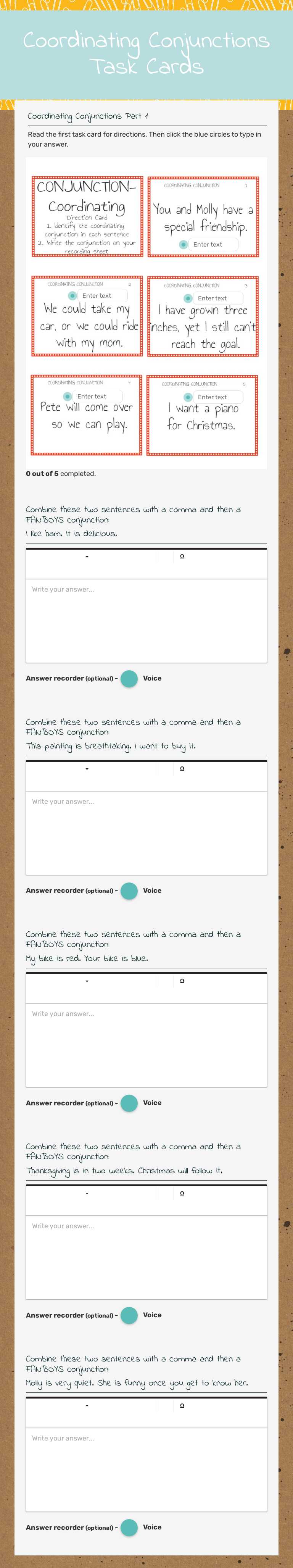 Coordinating Conjunctions Task Cards worksheet preview image