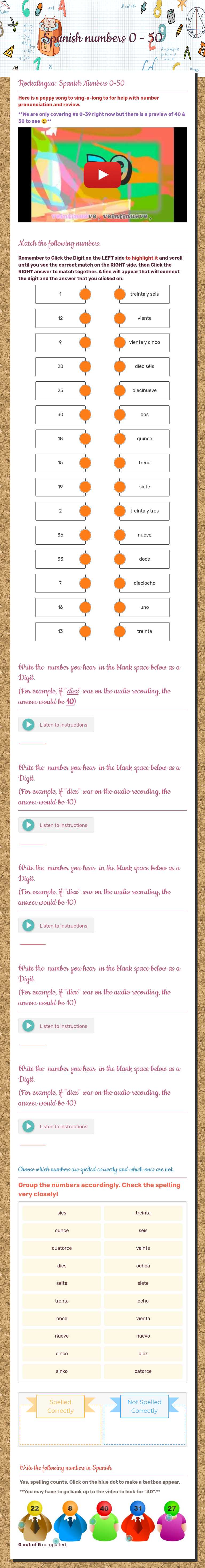 Spanish numbers 0 - 50 worksheet preview image