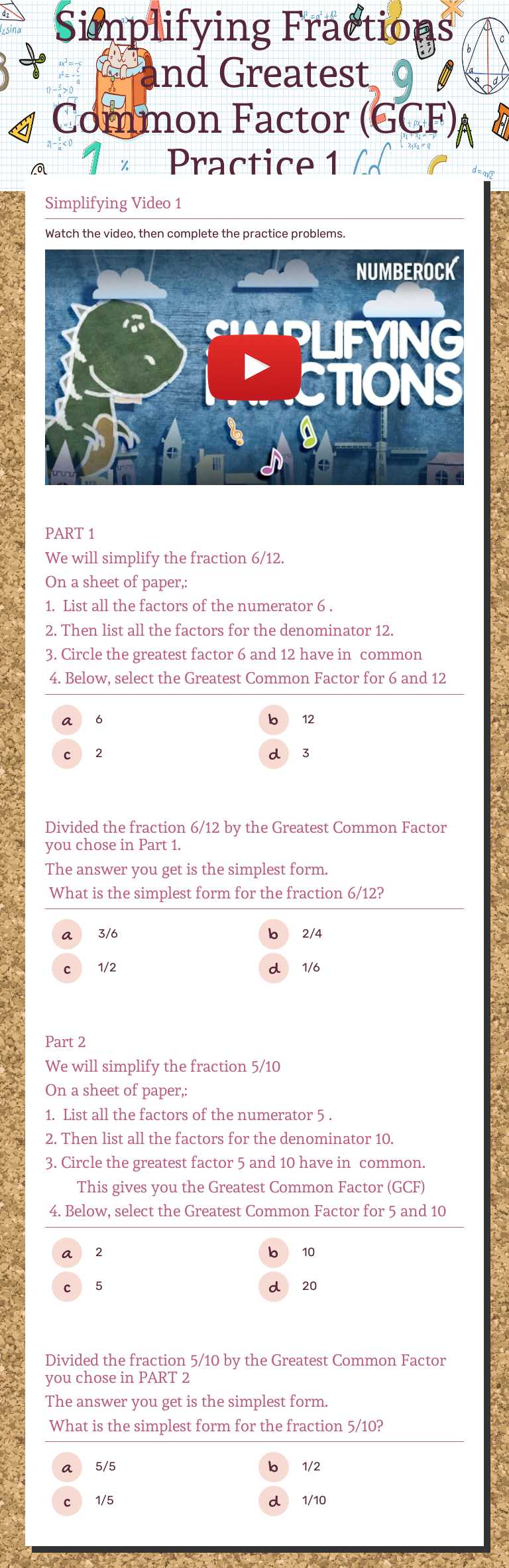 Simplifying Fractions and Greatest Common Factor (GCF)       
 Practice 1 worksheet preview image