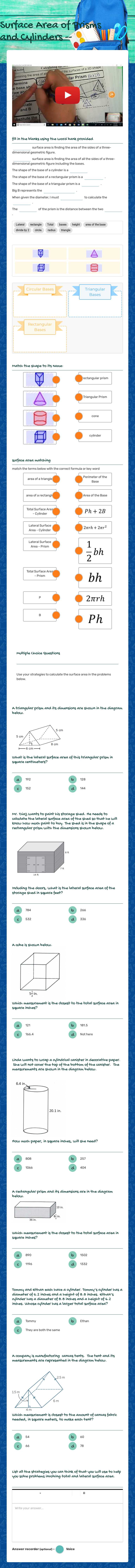Surface Area of 
Prisms and Cylinders -- worksheet preview image