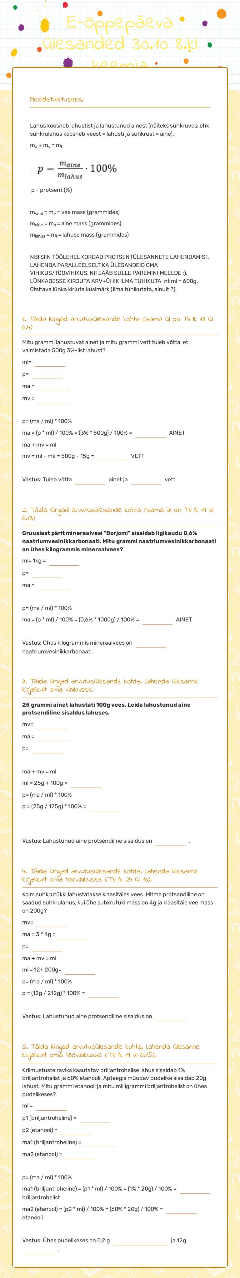 E-õppepäeva ülesanded 30.10 8.kl keemia Grade 8 worksheet preview
