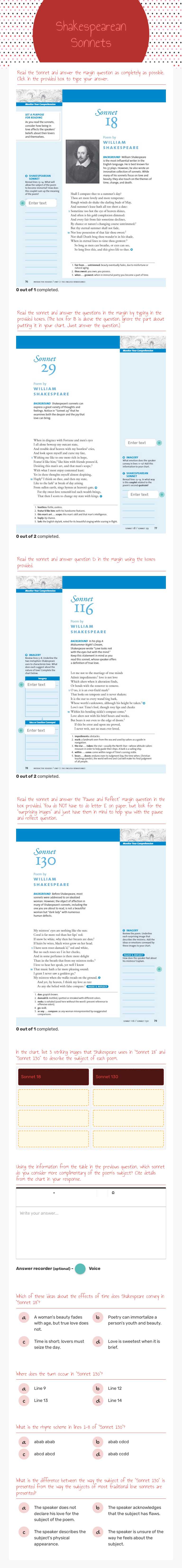 Shakespearean Sonnets worksheet preview image