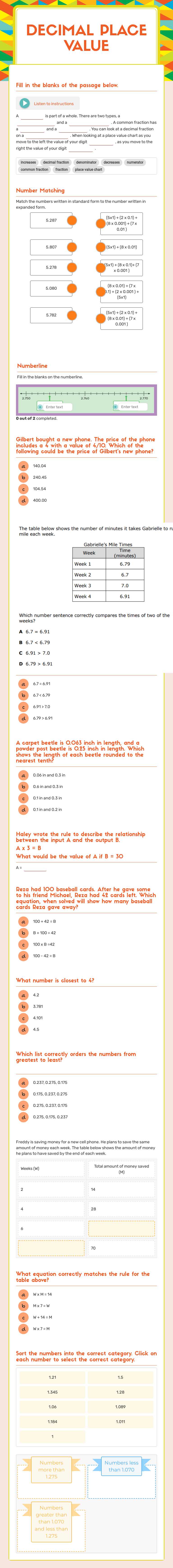 Decimal Place Value worksheet preview image