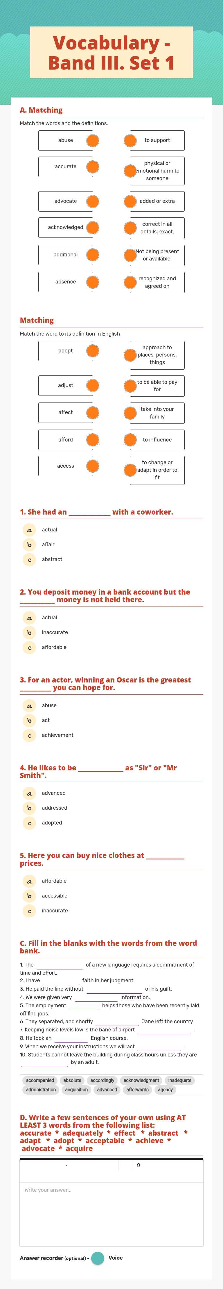 Vocabulary -
Band III. Set 1 Grade 12 worksheet preview