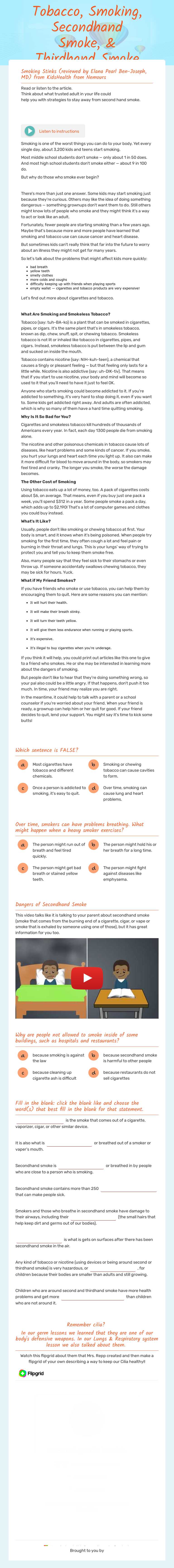 Tobacco, Smoking, Secondhand Smoke, & Thirdhand Smoke worksheet preview