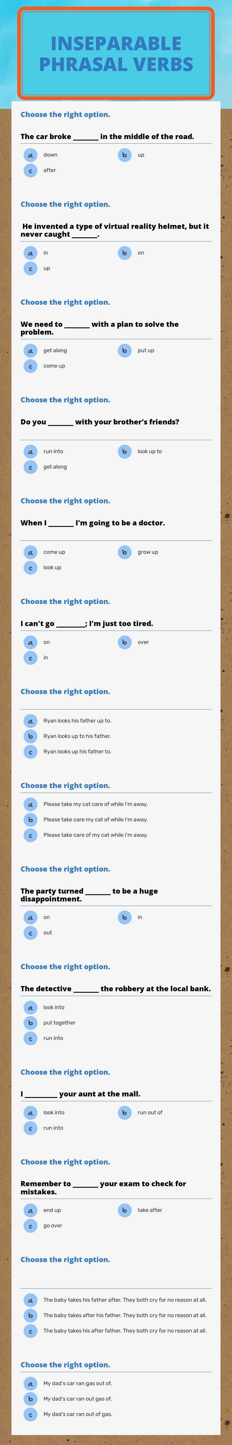 INSEPARABLE PHRASAL VERBS Grade 7 worksheet preview