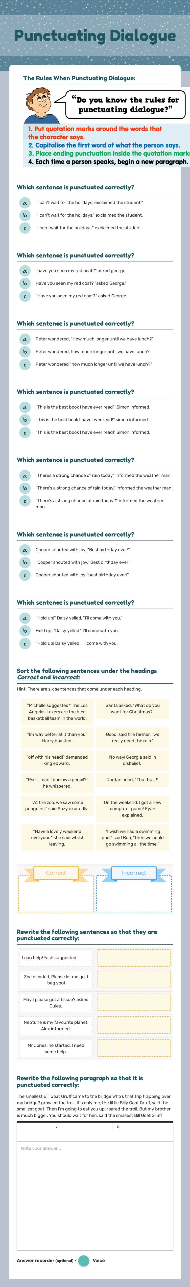 Punctuating Dialogue worksheet preview image