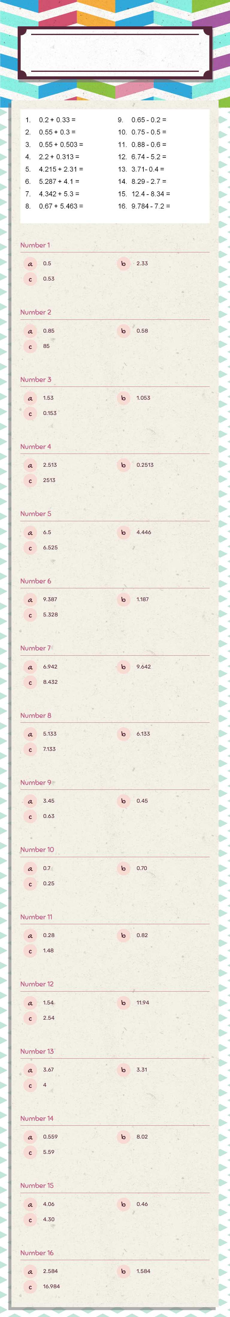 Adding and subtracting decimals worksheet preview image