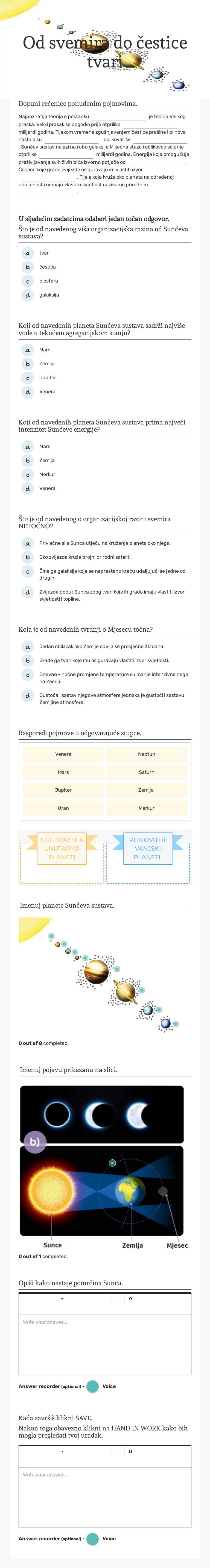 Od svemira do čestice tvari worksheet preview image