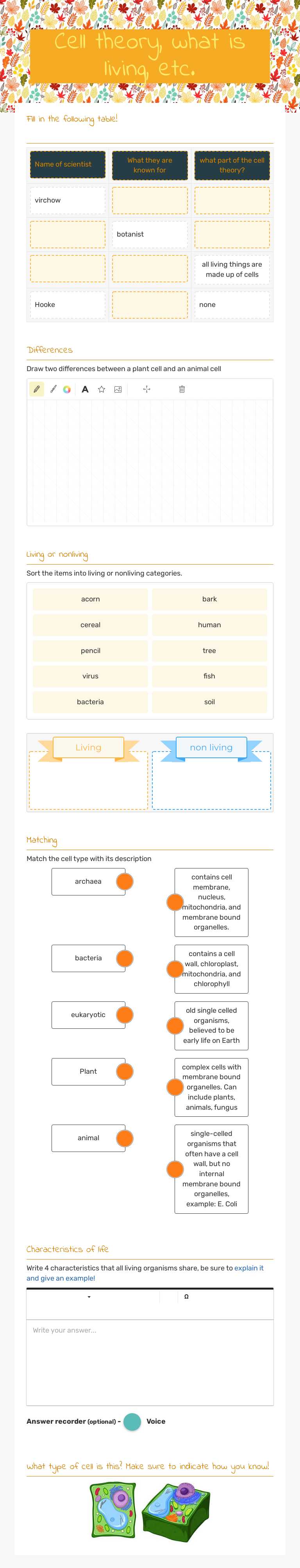 Cell theory, what is living, etc. worksheet preview image