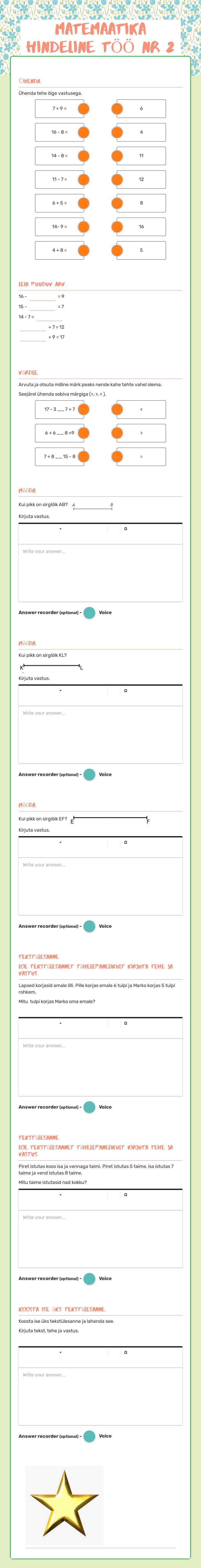MATEMAATIKA HINDELINE TÖÖ NR 2 Grade 1 worksheet preview
