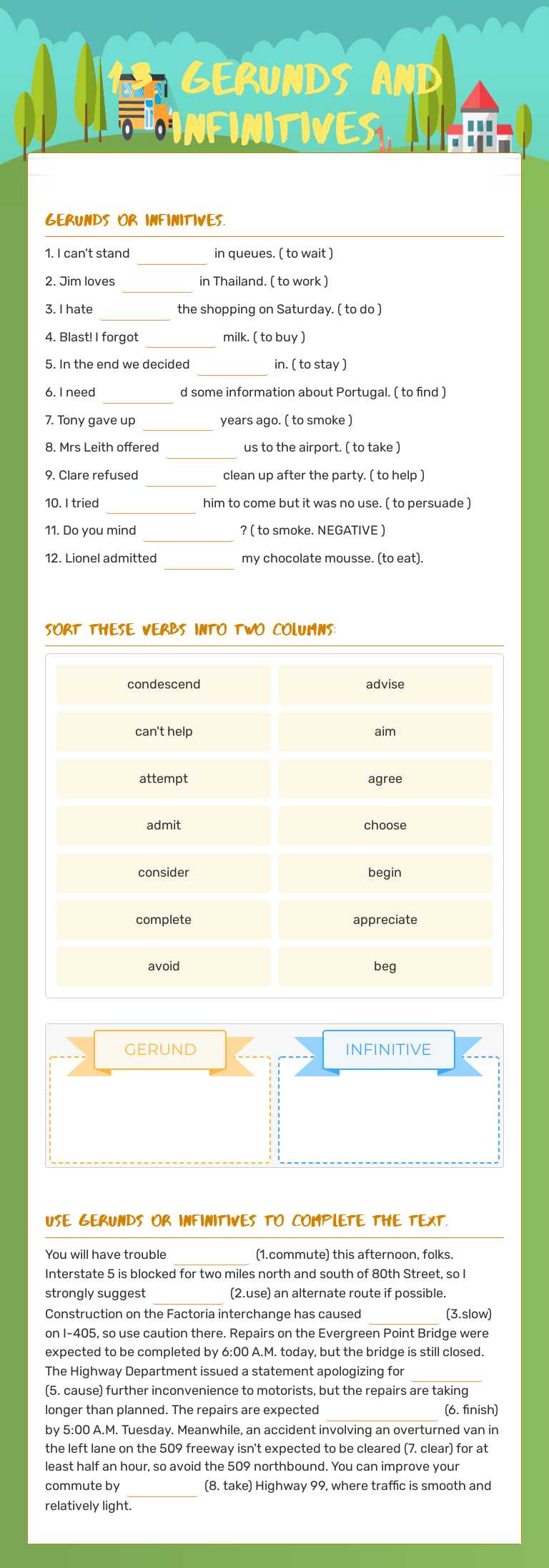 1.3. GERUNDS AND INFINITIVES Grade 10 worksheet preview