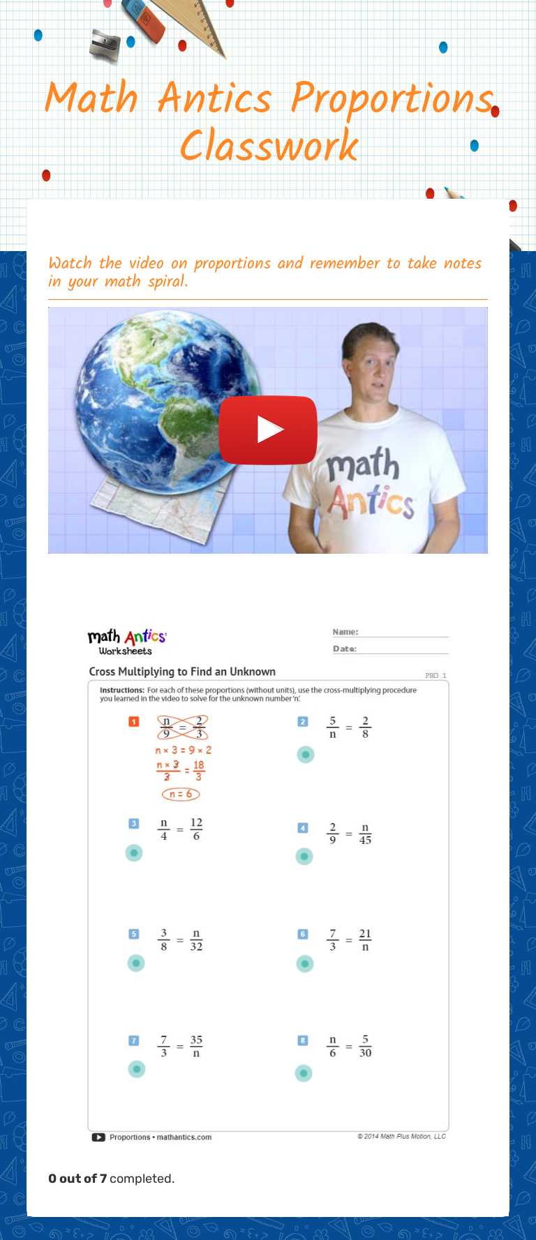 Math Antics Proportions Classwork worksheet preview image