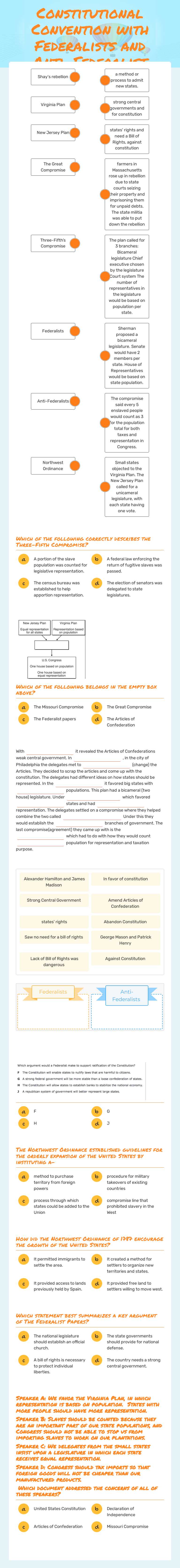 Constitutional Convention with Federalists and Anti-Federalist worksheet preview image