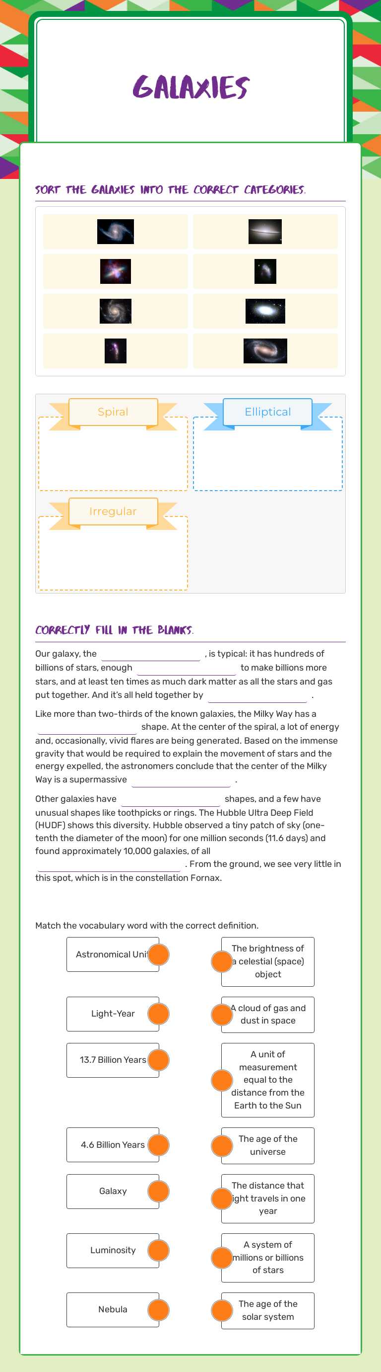 Galaxies worksheet preview