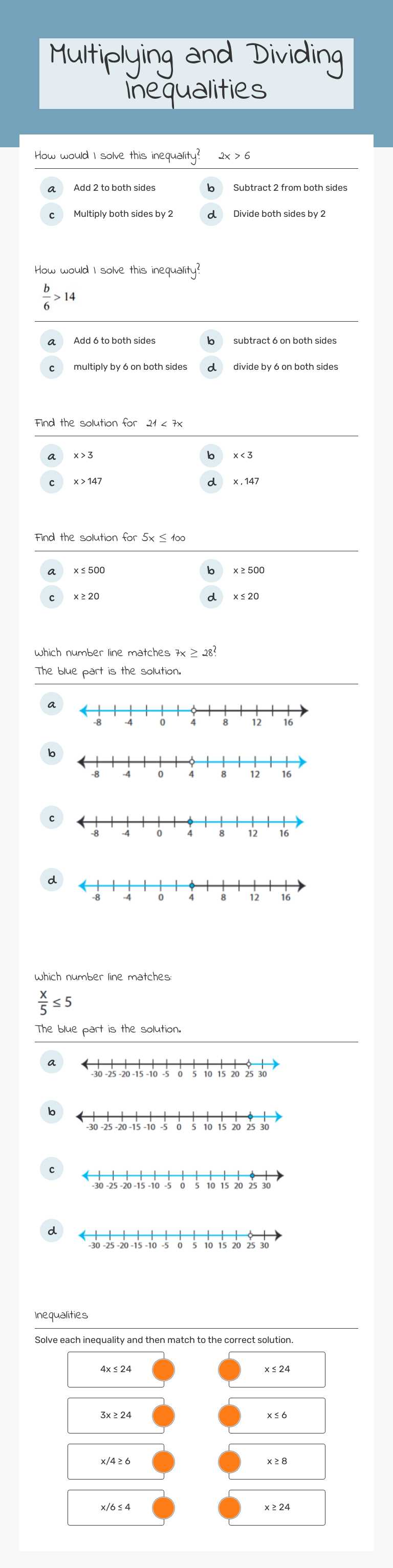 Multiplying and Dividing Inequalities worksheet preview image