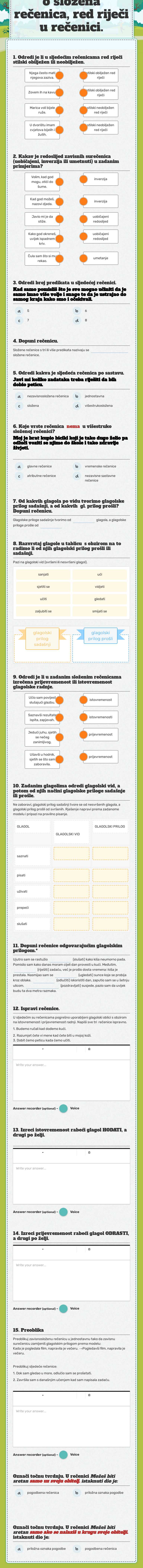 Glagolski prilozi,izricanje istovremenosti i prijevremenosti, pogodbena rečenica,višestruko složena rečenica, red riječi u rečenici. worksheet preview image