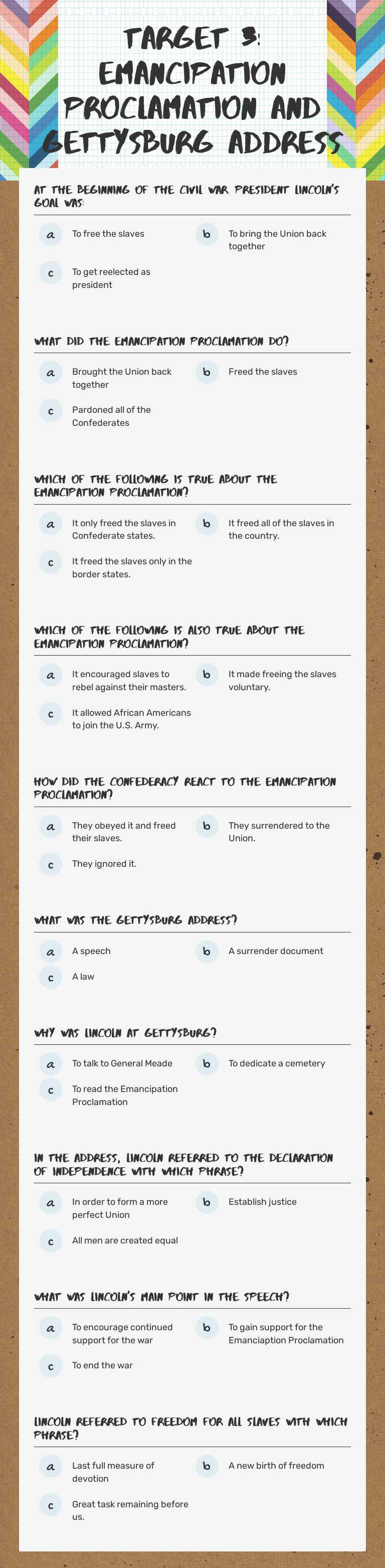 Target 3:  Emancipation Proclamation and Gettysburg Address Grade 8 worksheet preview
