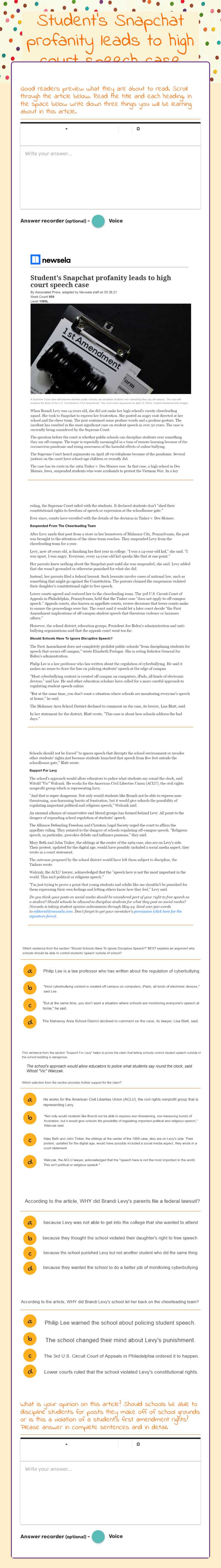 Student's Snapchat profanity leads to high court speech case worksheet preview image