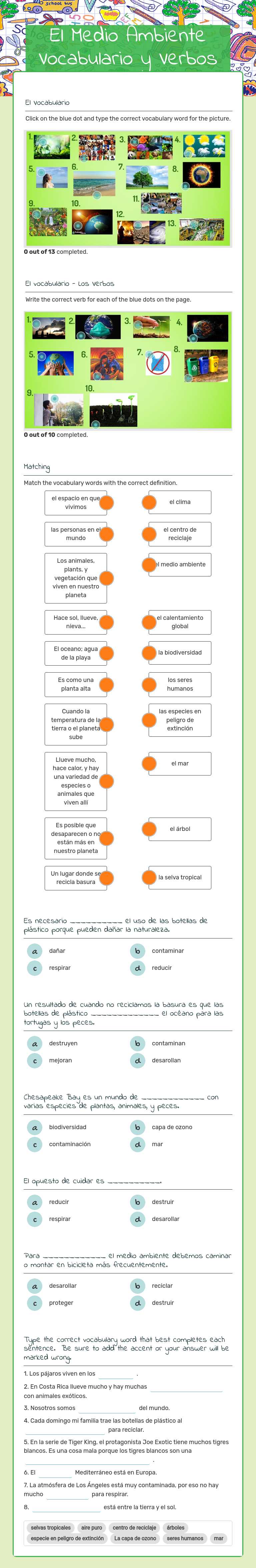 El Medio Ambiente Vocabulario y Verbos worksheet preview image