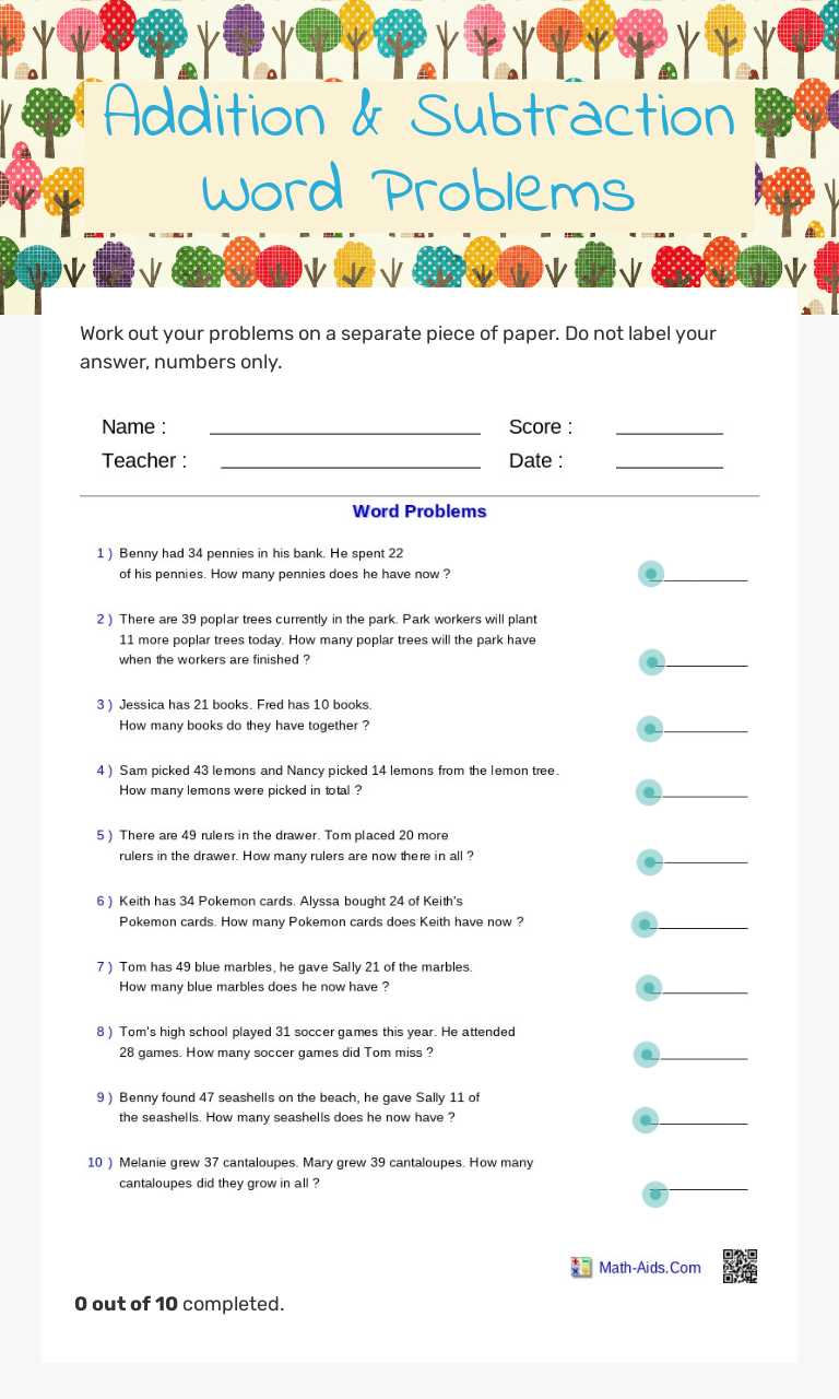 Addition & Subtraction Word Problems worksheet preview image