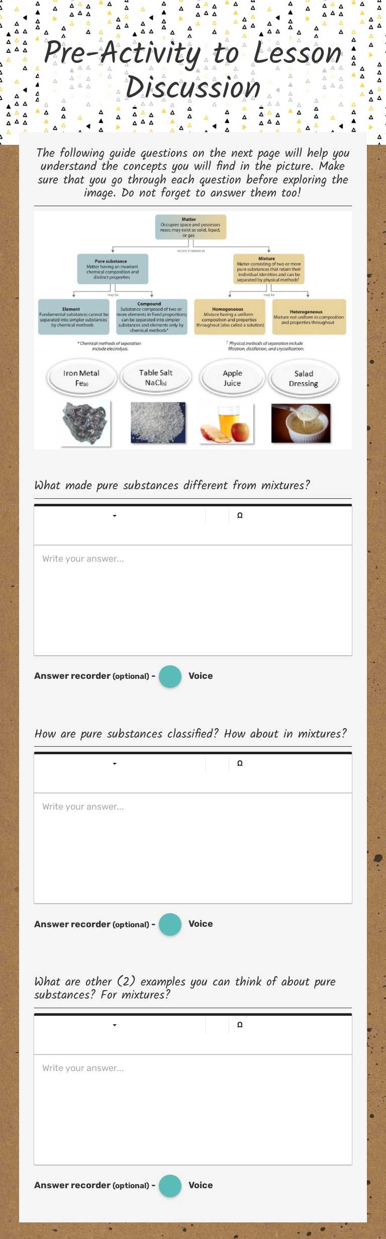 Pre-Activity to Lesson Discussion worksheet preview image