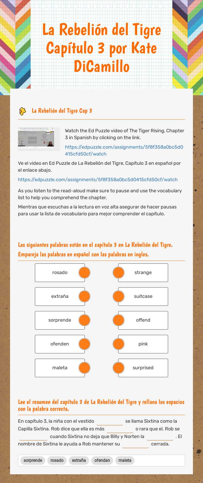 La Rebelión del Tigre Capítulo 3 por Kate DiCamillo Grade 4 worksheet preview