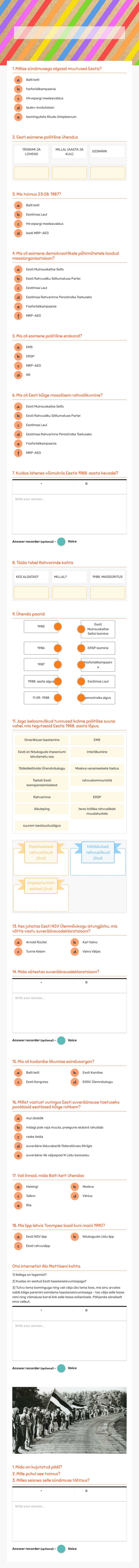 Eesti taasiseseisvumine õp lk 92-95 worksheet preview image