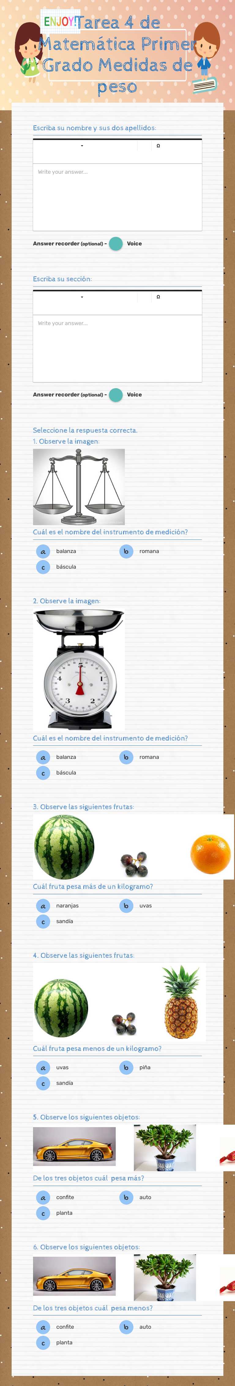Tarea 4 de Matemática Primer Grado Medidas de peso worksheet preview image