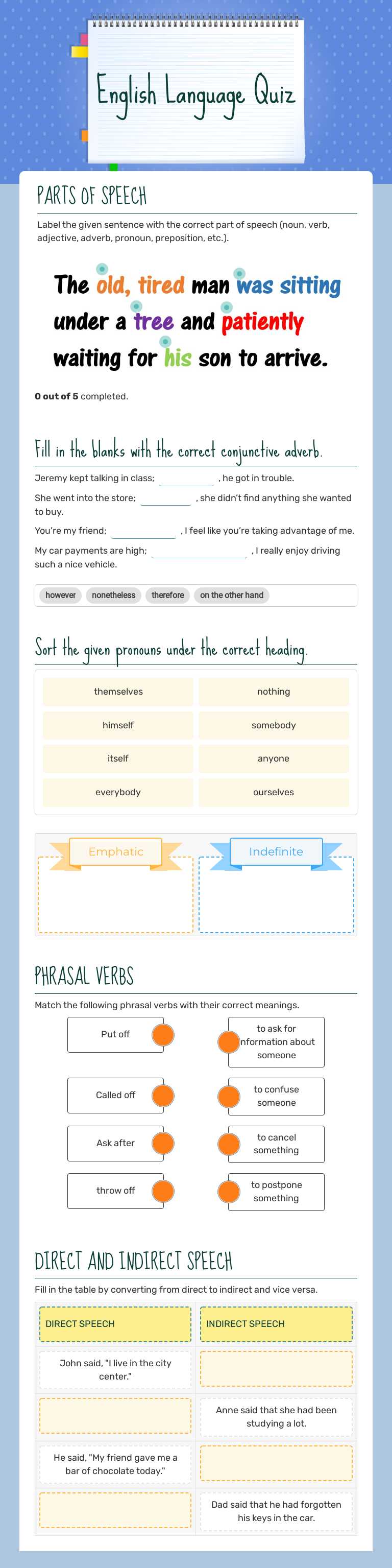 English Language Quiz worksheet preview image