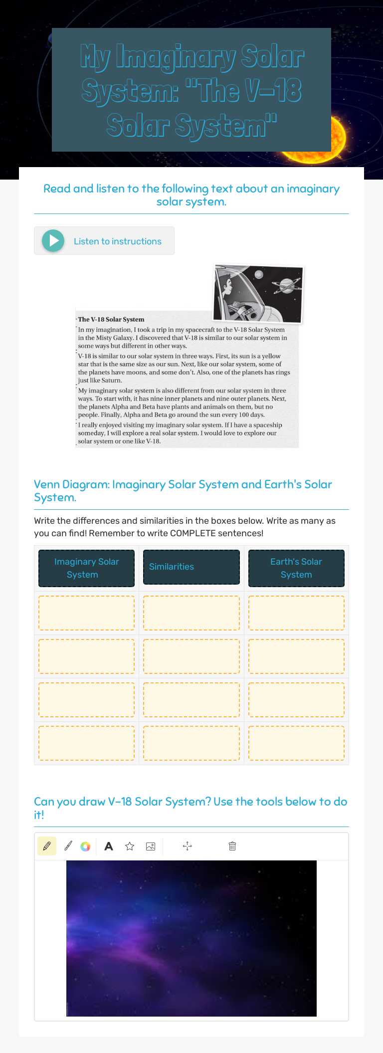 My Imaginary Solar System: "The V-18 Solar System" Grade 5 worksheet preview
