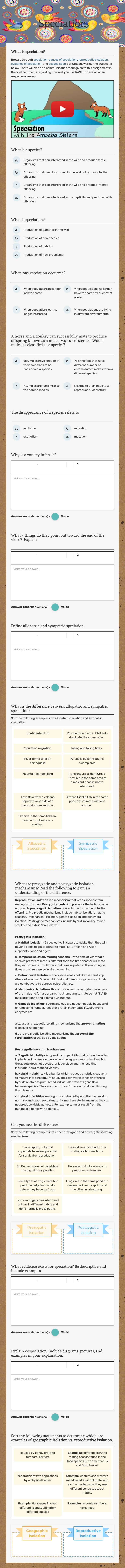 Speciation worksheet preview image