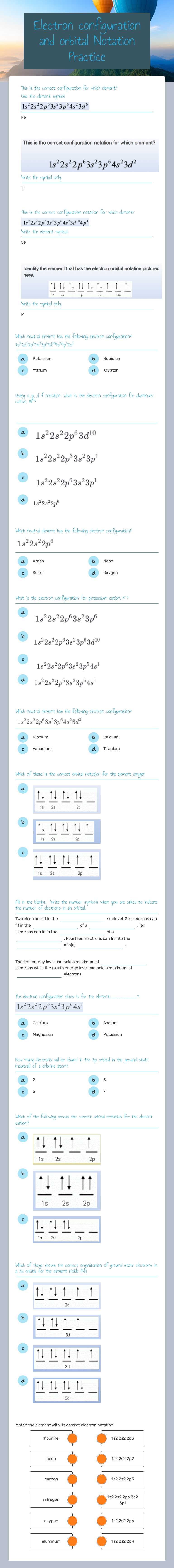 Electron configuration and orbital Notation Practice Grade 10 worksheet preview