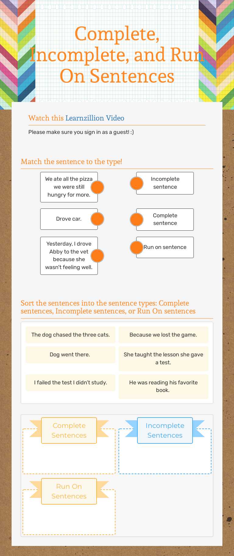 Complete, Incomplete, and Run On Sentences worksheet preview image