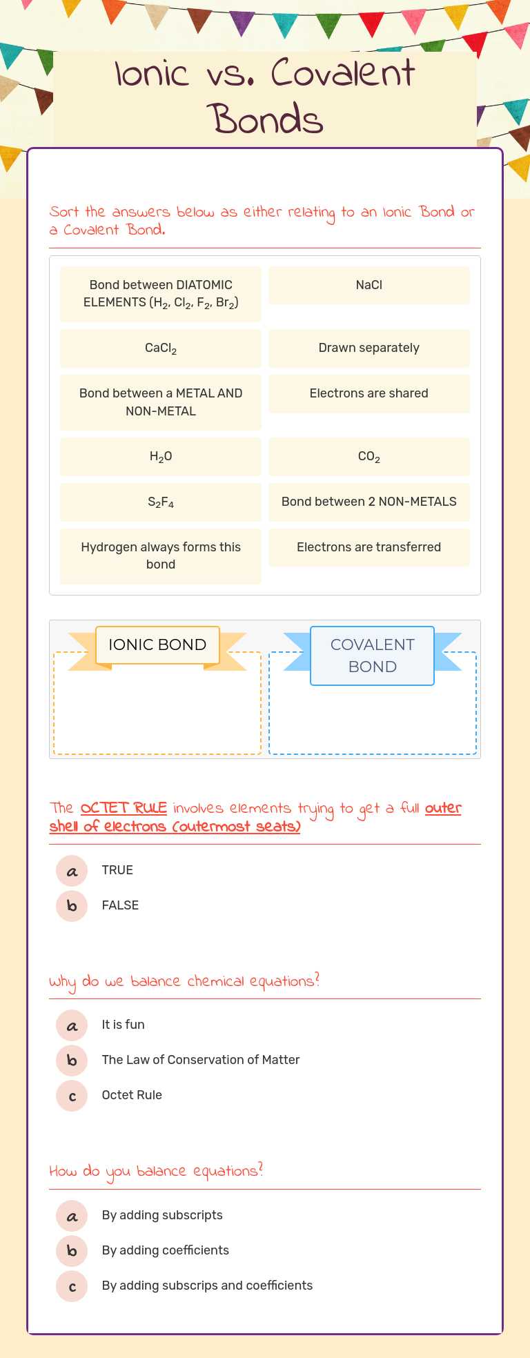 Ionic vs. Covalent Bonds worksheet preview image