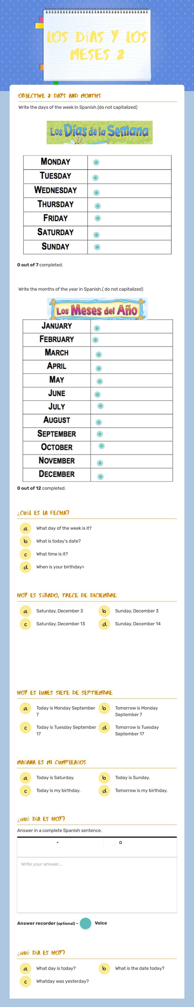 Los días y los meses 2 worksheet preview image