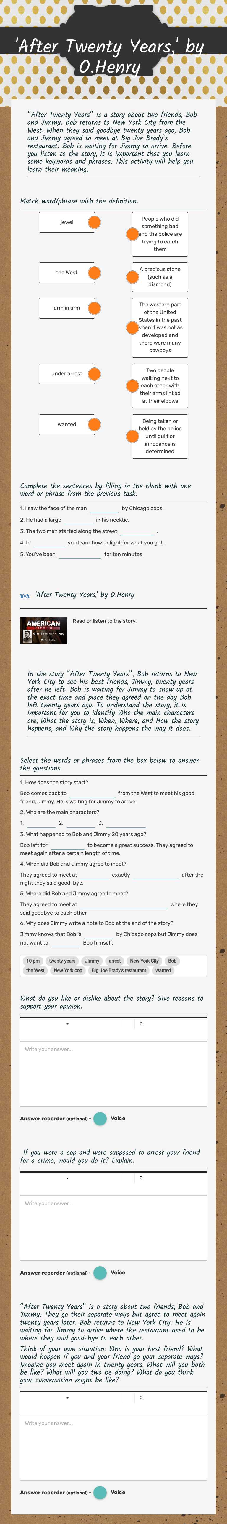 'After Twenty Years,' by O.Henry worksheet preview image