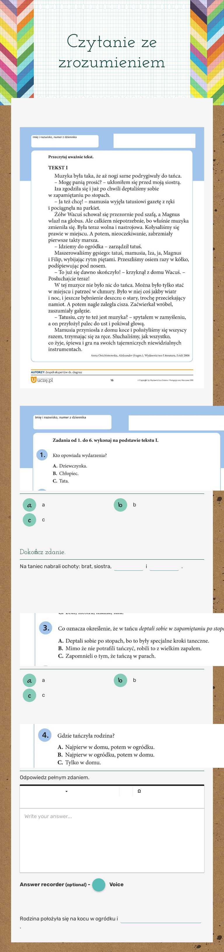 Czytanie ze zrozumieniem worksheet preview image