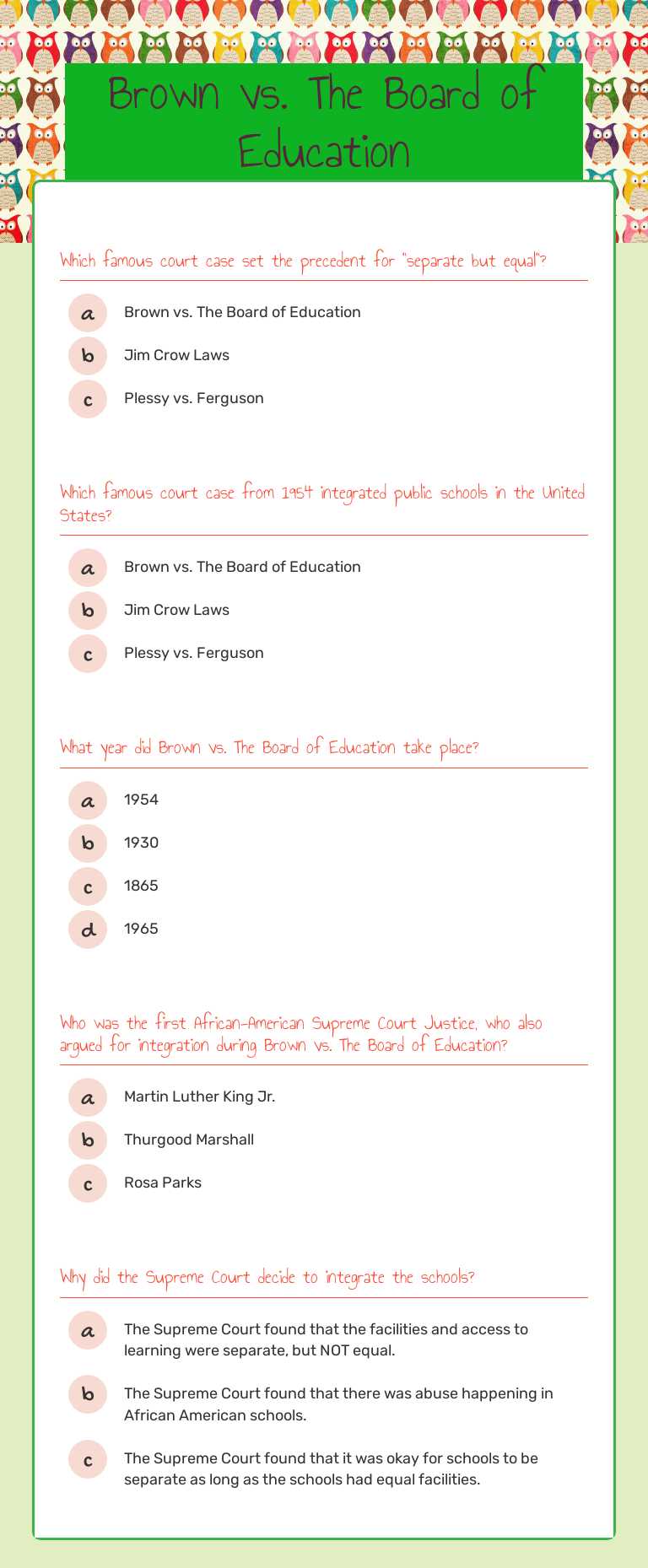Brown vs. The Board of Education worksheet preview image
