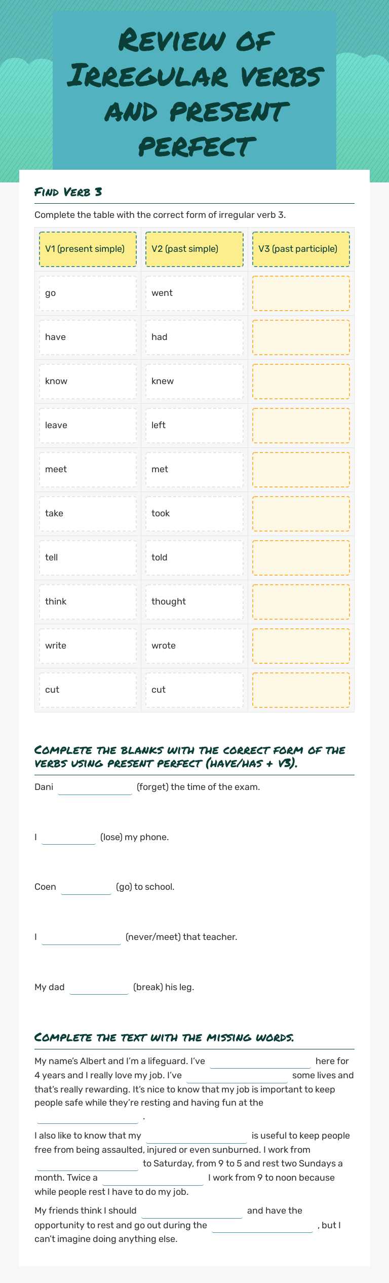 Review of Irregular verbs 
and 
present perfect Grade 6 worksheet preview