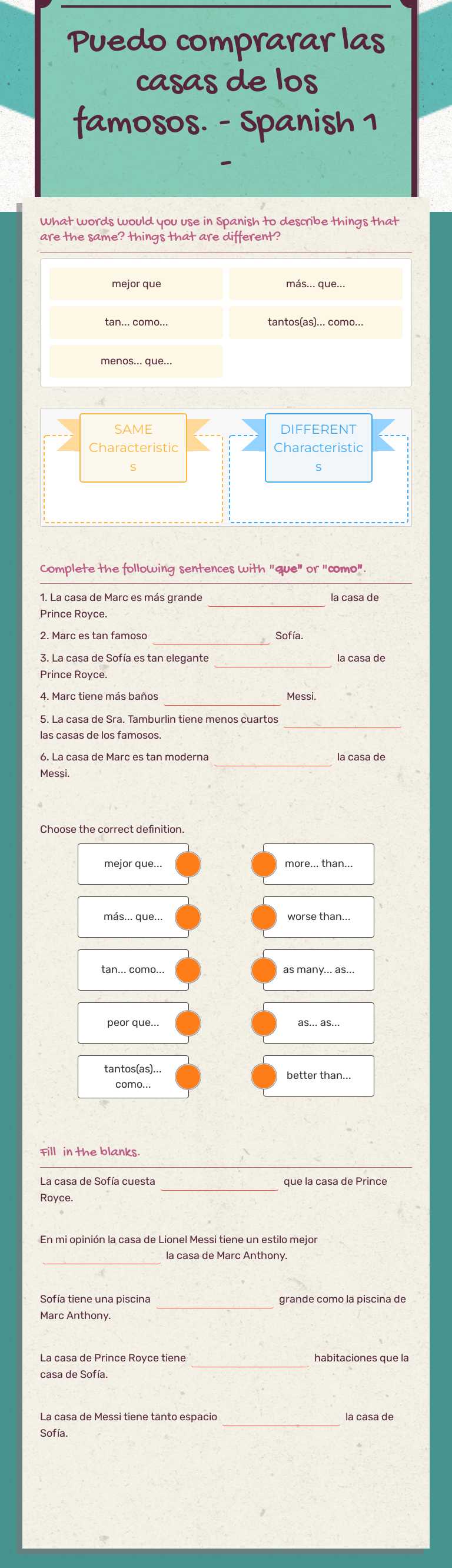 Puedo comprarar las casas de los famosos.
- Spanish 1 - worksheet preview image