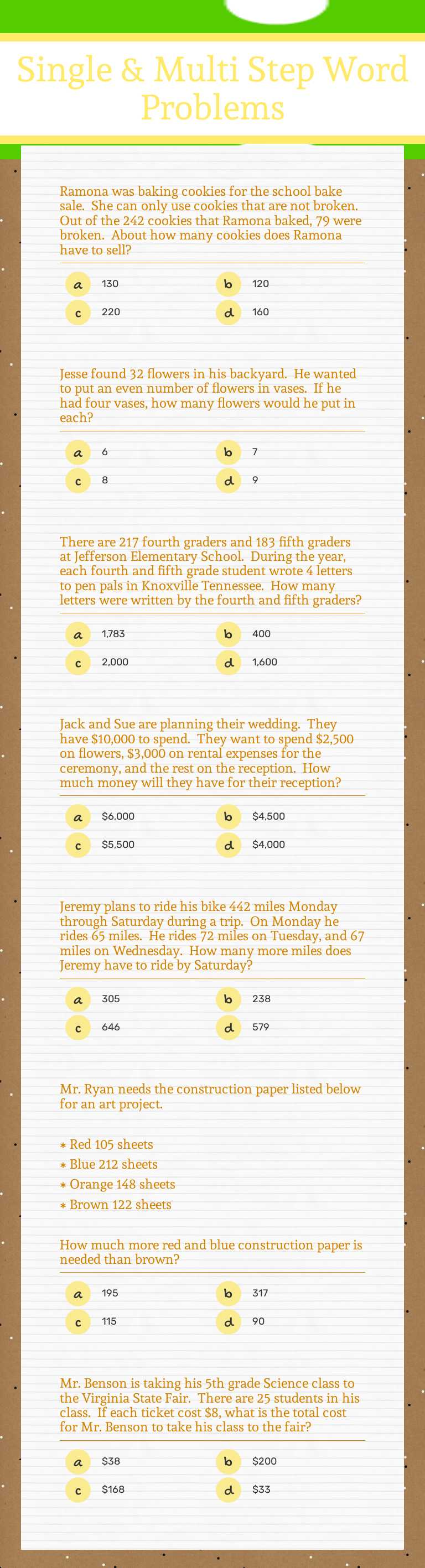 Single & Multi Step 
Word Problems Grade 5 worksheet preview