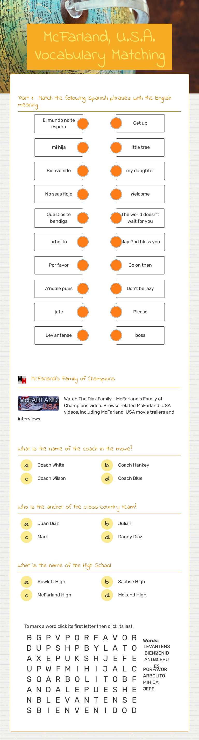 McFarland, U.S.A. Vocabulary Matching worksheet preview image