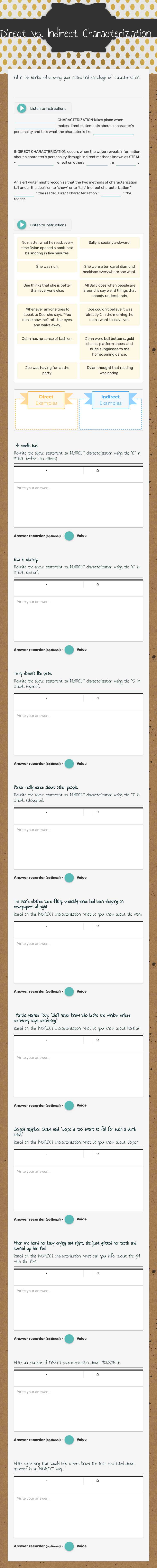 Direct vs. Indirect Characterization worksheet preview image