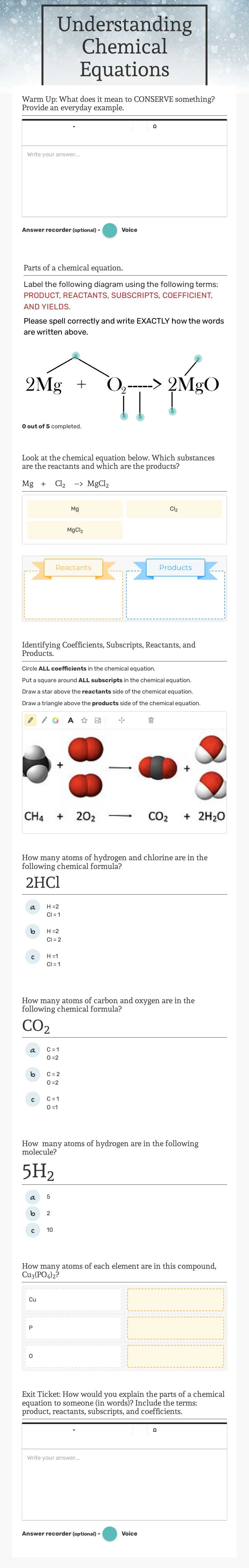 Understanding Chemical Equations worksheet preview image