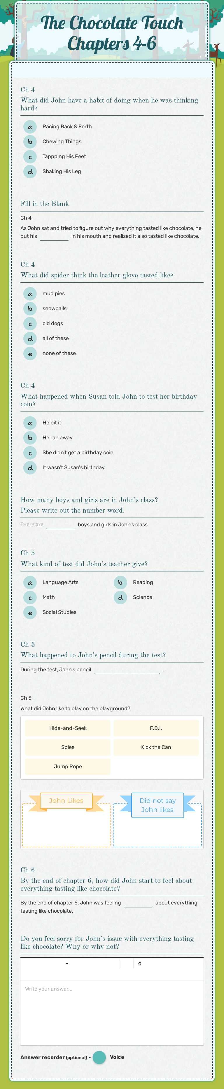 The Chocolate Touch Chapters 4-6 worksheet preview image