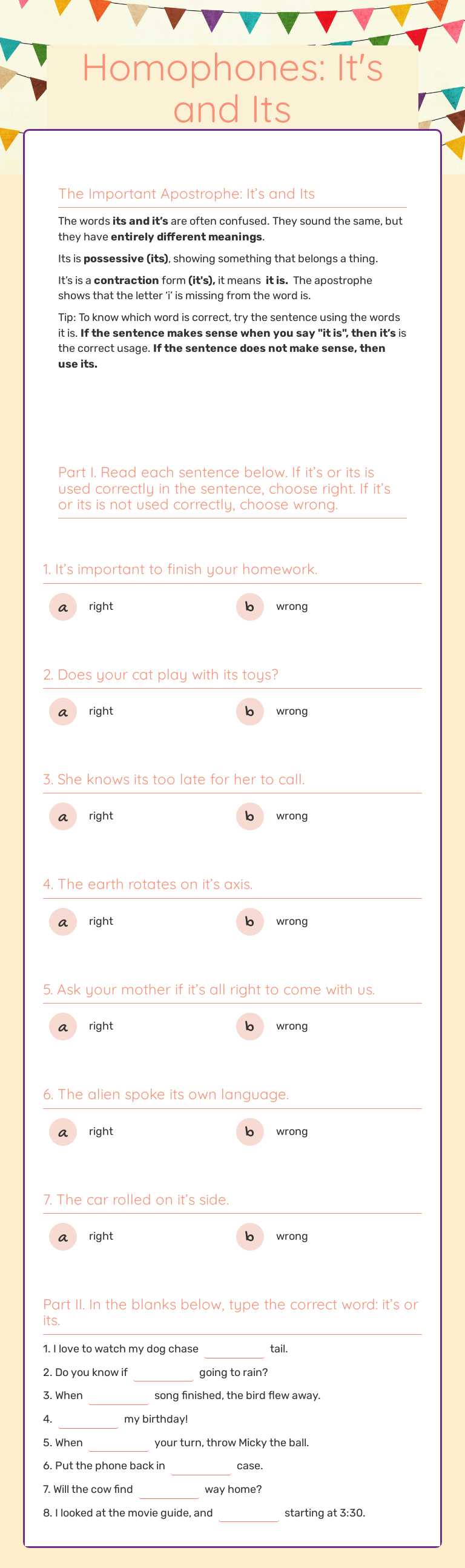 Homophones: It's and Its worksheet preview image