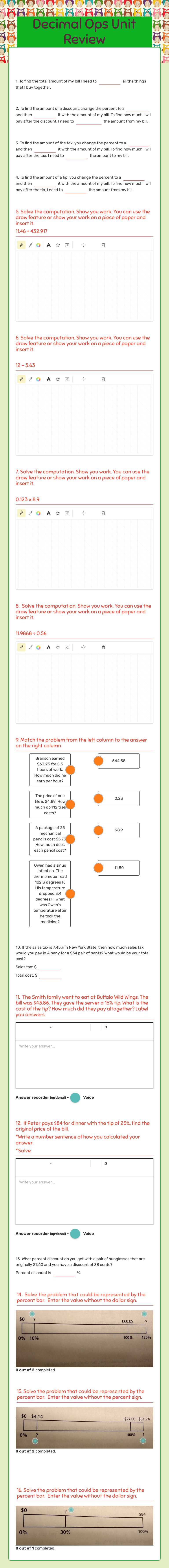 Decimal Ops Unit Review Grade 6 worksheet preview