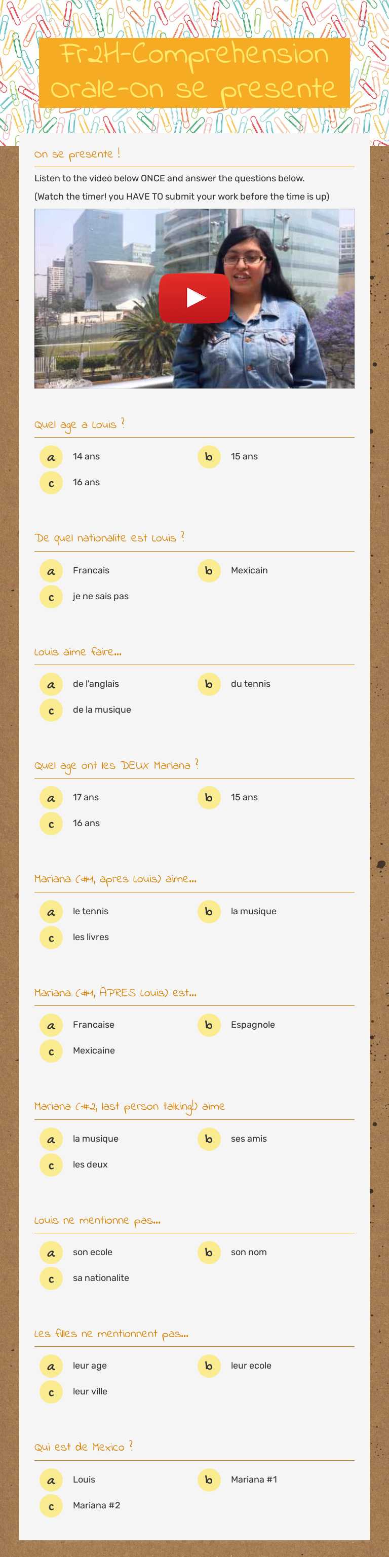 Fr2H-Comprehension Orale-On se presente Grade 9 worksheet preview